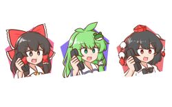 3girls :d antenna_hair ascot bare_shoulders black_bow black_hair bow brown_eyes detached_sleeves dot_nose double-parted_bangs frilled_bow frilled_hair_tubes frills frog_hair_ornament green_eyes green_hair hair_bow hair_ornament hair_tubes hakurei_reimu hat holding holding_phone kochiya_sanae long_hair mizusoba multiple_girls open_mouth phone pom_pom_(clothes) red_bow red_hat red_shirt shameimaru_aya shirt simple_background single_hair_tube sleeveless sleeveless_shirt smile tokin_hat touhou upper_body v-shaped_eyebrows white_background white_shirt yellow_ascot 