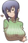  1girl black_hair blush breast_hold breasts brown_eyes bust half-closed_eyes hanging_breasts head_tilt heart large_breasts matsuda_yuusuke payot ribbed_sweater short_hair smile solo spoken_heart sweater turtleneck 