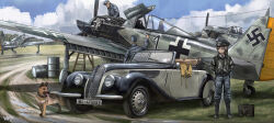  1girl 2girls absurdres aircraft airplane balkenkreuz black_boots black_jacket blue_hat blue_jumpsuit blue_pants blue_sky boots car clouds collared_shirt cross dog drum_(container) fw_190 german_shepherd hat highres iron_cross jacket jumpsuit kk90 leather leather_jacket long_sleeves luftwaffe mechanic medal military military_uniform military_vehicle motor_vehicle multiple_girls original pants peaked_cap propeller_fighter shirt sky swastika vehicle_focus white_shirt world_war_ii 