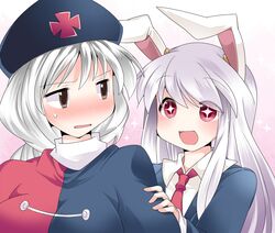  +_+ 2girls animal_ears arm_grab blazer blue_eyes blush braid breasts commentary_request dress grey_eyes hammer_(sunset_beach) hat jacket long_hair long_sleeves multiple_girls necktie nurse_cap open_mouth purple_hair rabbit_ears red_eyes reisen_udongein_inaba shirt short_sleeves silver_hair smile sparkle sweatdrop symbol-shaped_pupils touhou yagokoro_eirin 