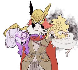  1280x720 1boy 1girl 1other alternate_form androgynous armor barefoot blonde_hair brown_dress cape carrying carrying_multiple_people carrying_person colored_tears covered_eyes cowboy_shot dress elden_ring elden_ring:_shadow_of_the_erdtree gold_armor grabbing_another&#039;s_hair grabbing_own_hair helmet helmet_over_eyes highres holding holding_another&#039;s_hair holding_own_hair malenia_blade_of_miquella mechanical_arms miquella_(elden_ring) prosthesis purple_hair purple_liquid red_cape red_hair sleeveless_tunic st._trina_(elden_ring) stroking_hair tunic white_tunic winged_helmet 