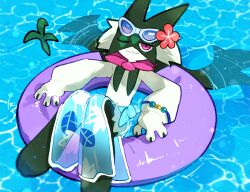  1other :3 animal_hands beach_towel bracelet closed_mouth eyewear_on_head flower full_body furry green_fur green_hair hair_flower hair_ornament half-closed_eyes jewelry looking_at_viewer meowscarada meowscarada_(beach) one_eye_closed other_focus pink_eyes pokemon pokemon_(creature) pokemon_unite pool_float purple-tinted_eyewear red_flower short_hair short_tail simple_background sitting solo sstoh tail tinted_eyewear towel towel_around_waist two-tone_fur white-framed_eyewear 