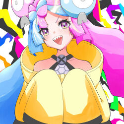  1girl :d blue_hair chie_(rhrr7435) collarbone commentary_request eyelashes happy highres iono_(pokemon) jacket long_hair multicolored_hair open_mouth pink_hair pokemon pokemon_sv shirt smile solo teeth two-tone_hair upper_body upper_teeth_only violet_eyes yellow_jacket 