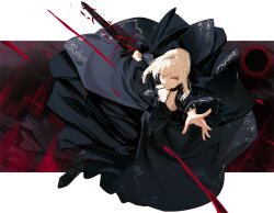  1girl artoria_pendragon_(fate) black_dress blonde_hair braid bun_with_braided_base commentary_request dark_persona detached_sleeves dress excalibur_morgan_(fate) fate/stay_night fate_(series) from_above full_body gothic_lolita hair_bun heaven&#039;s_feel highres holding holding_sword holding_weapon juliet_sleeves lolita_fashion long_dress long_sleeves looking_at_viewer nagishiro_mito outstretched_arms puffy_sleeves saber_alter saber_alter_(third_ascension) short_hair single_hair_bun solo sword weapon yellow_eyes 