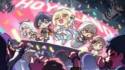  >_o 5girls :o ;d ahoge belle_(zenless_zone_zero) black_gloves black_jacket black_skirt blonde_hair blue_eyes bodysuit brown_hair chibi closed_mouth concert confetti dress flower genshin_impact gloves green_eyes grey_hair hair_flower hair_ornament hashtag-only_commentary highres honkai:_star_rail honkai_(series) honkai_impact_3rd in_container in_trash_can jacket kiana_kaslana kiana_kaslana_(white_comet) long_hair looking_at_viewer lumine_(genshin_impact) mihoyo multiple_girls one_eye_closed open_mouth people red_jacket rosa_(tears_of_themis) short_hair skirt smile stelle_(honkai:_star_rail) tears_of_themis trailblazer_(honkai:_star_rail) trash_can white_bodysuit white_dress white_flower white_hair yellow_eyes yoelu zenless_zone_zero 