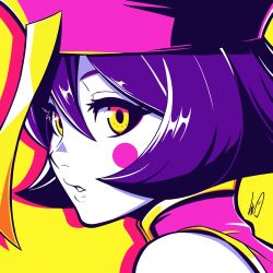  1girl absurdres blue_hair blue_skin breasts chinese_clothes colored_skin darkstalkers flipped_hair hat highres hsien-ko jiangshi looking_at_viewer lughost ofuda qingdai_guanmao red_eyes short_hair simple_background solo zombie 