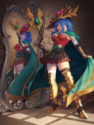  1girl absurdres armband armor armored_boots belt blue_hair boots breasts brick_wall brown_skirt cape commentary commission dang_(runescape) duellist&#039;s_cap_(tier_6) earrings english_commentary fingerless_gloves full-length_mirror full_body gladiator gloves glowing_hat gold_trim green_belt green_cape hair_between_eyes hat highres jewelry leotard long_bangs long_hair looking_at_mirror looking_at_self medium_breasts mirror old_school_runescape orange_eyes original poleyn red_armband red_leotard reflection reflection_focus runescape second-party_source skirt smile solo standing suddakka sun_symbol thick_eyebrows tile_floor tiles treasure_chest wardrobe window_light yellow_eyes 