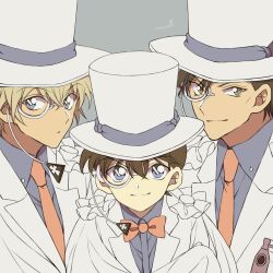  3boys akai_shuuichi amuro_tooru blonde_hair blue_eyes blue_shirt bow bowtie commentary_request cosplay edogawa_conan green_eyes hair_between_eyes hat highres jacket kaitou_kid kaitou_kid_(cosplay) magic_kaito male_focus meitantei_conan monocle multiple_boys necktie niina_1oo9 shirt short_hair signature simple_background smile upper_body white_hat white_jacket 