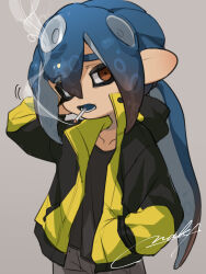  1boy alt_text black_jacket black_shirt blue_hair brown_eyes brown_hair cigarette colored_tips commentary_request english_commentary grey_background hair_between_eyes hand_in_pocket highres jacket long_hair looking_at_viewer male_focus mixed-language_commentary multicolored_hair naka_(easygoing_naka) octoling octoling_boy octoling_player_character open_clothes open_jacket shirt signature simple_background smoking solo splatoon_(series) splatoon_3 tentacle_hair two-tone_hair very_long_hair 