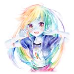  1girl :d blue_skin casual long_hair multicolored_eyes my_little_pony my_little_pony_friendship_is_magic open_mouth personification rainbow rainbow_dash rainbow_eyes rainbow_hair smile solo t-shirt white_background 