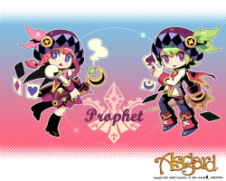  1boy 1girl 2001 anime_coloring ankle_boots ankle_cuffs argyle_clothes argyle_hat asgard ben-day_dots bf._(sogogiching) black_pants black_shoes boots bow bowtie braid brooch card character_name chibi chibi_only company_name copyright_name copyright_notice crescent crescent_brooch crescent_ornament cross-laced_clothes cross-laced_top dated diamond_(shape) epee eyelashes fantasy feathers flipped_hair floating floating_object green_feathers green_hair hair_between_eyes halftone halftone_background hat hat_feather heart holding holding_card holding_polearm holding_wand holding_weapon jewelry juliet_sleeves legs_apart light_blush long_sleeves looking_to_the_side medium_hair miniskirt no_nose o-ring official_art official_wallpaper open_mouth outline pants pink_bow pink_bowtie pink_feathers pink_hair playing_card polearm prophet_(asgard) puffy_sleeves purple_hat purple_pupils purple_skirt purple_tabard red_tabard screentones second-party_source shirt shoes short_hair simple_background skirt sleeve_cuffs smoke spade_(shape) star_(symbol) star_brooch tabard triangle_mouth twin_braids twintails violet_eyes wand weapon white_outline white_shirt 