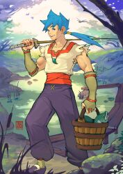  1boy absurdres baggy_pants bird black_pants black_shoes blue_eyes blue_hair breath_of_fire breath_of_fire_iv bucket bug cattail dragonfly fish fishing fishing_rod full_body fumezu1 green_socks highres holding holding_bucket holding_fishing_rod jewelry low_ponytail male_focus necklace open_mouth outdoors pants plant ponytail ryu_(breath_of_fire_iv) shirt shoes short_hair_with_long_locks smile socks solo spiky_hair tooth_necklace torn_clothes torn_sleeves tree white_shirt 