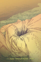  analogous_colors drop_shadow english_text evening fabric from_above green_background hatching_(texture) haze highres hole jessica_hayworth lake limited_palette no_humans orange_background orange_theme original outdoors partially_immersed scenery surreal text_focus warm_colored water 