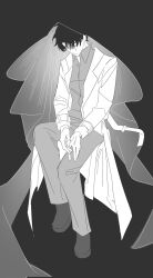  1boy black_hair black_shirt chair cloak closed_eyes coat collared_shirt full_body greyscale hands_on_lap highres hood hood_up hooded_cloak invisible_chair male_focus monochrome omniscient_reader&#039;s_viewpoint on_chair open_clothes open_coat scar scar_across_eye scar_on_face secretive_plotter shirt short_hair sitting solo white_coat wuhe7273 