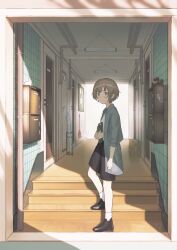  1girl absurdres black_shoes black_shorts blue_umbrella blush box broom bulletin_board cardboard_box cat closed_mouth closed_umbrella collared_jacket door folder from_side full_body grey_eyes grey_hair grey_jacket hallway hand_up hanging_light highres holding holding_folder indoors industrial_pipe jacket looking_at_viewer mail mailbox_(incoming_mail) open_clothes open_jacket original shade shirt shoes short_hair shorts socks sodemizu solo stairs standing sticker stuffed_animal stuffed_rabbit stuffed_toy teddy_bear umbrella umbrella_stand white_cat white_shirt white_socks 