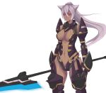  1girl animal_ears armor breasts cat_ears character_request dark_skin glowing glowing_weapon halberd highres kuma_x long_hair mecha_musume navel phantasy phantasy_star_online_2 polearm ponytail red_eyes robot_joints rough silver_hair solo weapon 