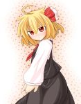  1girl ahoge ascot blonde_hair blush fuurai_mamuru hair_ribbon huge_ahoge long_sleeves looking_at_viewer outstretched_arm outstretched_hand red_eyes ribbon rumia shirt shy skirt skirt_set solo touhou vest 