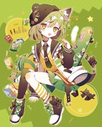  1girl animal_ear_fluff animal_ears asymmetrical_legwear backpack bag bag_of_chips beanie blush bow brown_bow brown_choker brown_hat brown_necktie brown_sailor_collar brown_shoes brown_thighhighs cat_ears cat_girl cat_tail choker commentary_request double-parted_bangs food food-themed_hat_ornament footwear_bow frilled_sailor_collar frills full_body green_background green_hair green_nails green_skirt hair_between_eyes hair_ornament hairclip hand_up hat hat_ornament heart_pin highres holding holding_food jacket long_sleeves looking_at_viewer miniskirt mismatched_legwear nail_polish necktie open_clothes open_jacket open_mouth orange_eyes original over-kneehighs parallel_hairclips pleated_skirt pocky pocky_day saijo1201 sailor_collar shoes short_hair signature single_over-kneehigh single_sock single_thighhigh skateboard skirt sneakers socks solo star_(symbol) striped_background striped_clothes striped_socks sweater tail tail_bow tail_ornament teeth thigh-highs uneven_legwear upper_teeth_only white_jacket wing_collar yellow_socks yellow_sweater 