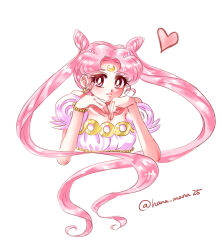  aged_up bare_shoulders bishoujo_senshi_sailor_moon bracelet chibi_usa cone_hair_bun crescent crescent_facial_mark double_bun dress earrings facial_mark forehead_mark hair_bun hair_ornament head_on_hands hnt-yuhk-7 jewelry long_hair pink_hair smile twintails very_long_hair white_dress 