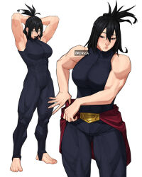  1girl artist_name biceps black_eyes black_hair bodysuit boku_no_hero_academia breasts breikka closed_mouth commentary english_commentary full_body large_breasts mature_female medium_hair multiple_views muscular muscular_female shimura_nana simple_background sleeveless sleeveless_bodysuit solo white_background 