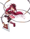  1girl absurdres alest_lusia antenna_hair armpits black_legwear boots bow chain detached_sleeves dress hair_bow highres magical_girl mahou_shoujo_madoka_magica open_mouth polearm ponytail red_dress red_eyes redhead sakura_kyouko soul_gem spear thigh-highs torn_clothes weapon white_background 