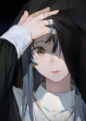  1girl adjusting_hair arm_up black_vest blue_hair brown_eyes close-up closed_mouth commentary ddal highres jewelry lifting_own_clothes long_hair long_sleeves looking_at_viewer necklace original ring sleeve_cuffs solo upper_body veil_lift veil_over_one_eye vest 