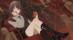  1girl absurdres armchair black_hair cevio chair crossed_legs food food_on_face fruit high_heels highres looking_at_viewer original pomegranate puppet red_eyes short_hair shorts silk sitting smile solo spider_web zudxpnz 