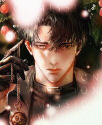  1boy black_coat black_eyes black_gloves black_hair blurry blurry_foreground bud chain coat curtained_hair expressionless flower food fruit gloves hand_up heterochromia highres holding holding_chain looking_at_viewer male_focus mandarin_orange omniscient_reader&#039;s_viewpoint open_clothes open_coat pocket_watch popped_collar roventus short_hair solo watch yellow_eyes yoo_joonghyuk 
