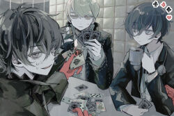  3boys :| ace_(playing_card) ace_of_spades ahoge amamiya_ren arm_on_table armband black_hair black_jacket blue_hair card card_game closed_mouth club_(shape) commentary_request cup deadpan diamond_(shape) digital_media_player digital_walkman earphones elbow_on_table gekkoukan_high_school_uniform gloves grey_eyes grey_hair hair_between_eyes heart holding holding_card holding_cup indoors jacket joker_(persona_5) joker_(playing_card) long_sleeves looking_to_the_side male_focus multiple_boys narukami_yu no_mask open_clothes open_jacket parted_lips persona persona_3 persona_4 persona_5 playing_card red_armband red_gloves school_uniform shirt short_hair sitting spade_(shape) sumino_suito sweat sweatdrop ten_of_clubs three_of_hearts tile_wall tiles upper_body walkman_nw-s203f white_shirt yasogami_school_uniform yuuki_makoto_(persona_3) 