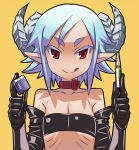  1girl bare_shoulders black_gloves blue_hair bust character_request collar collarbone elbow_gloves eraser eyebrows flat_chest gloves horns leather_gloves licking_lips matsuda_yuusuke original pointy_ears red_eyes ribs short_hair solo tubetop yellow_background yuusha_to_maou 