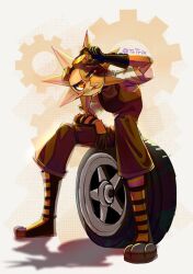  1other adjusting_eyewear apron black_gloves brown_apron brown_pants character_request check_character elbow_on_knee eyewear_on_head five_nights_at_freddy&#039;s full_body gloves half-closed_eye object_head orange_eyes pants shadow shirt sitting socks squinting striped_clothes striped_socks sun_(fnaf) txtrix unused_tire white_shirt 