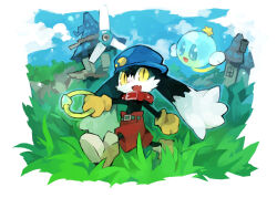  1boy animal_ears belt black_fur blue_hat blue_sky border cabbit character_pin clouds collar gloves grass green_belt hat holding holding_jewelry holding_ring huepow jewelry kaze_no_klonoa klonoa open_mouth outdoors pac-man_(game) pants rabbit_boy rabbit_ears rayman_limbs red_collar red_pants ring shoes shorts sky slit_pupils smile soto very_long_ears walking white_border windmill yellow_eyes yellow_gloves 