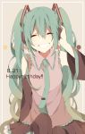  1girl closed_eyes dated green_hair grin hand_on_headphones happy_birthday hatsune_miku headphones highres long_hair necktie sitting smile solo twintails very_long_hair vocaloid 