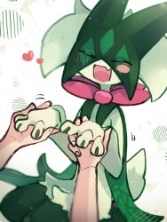  1other :d animal_hands blush_stickers cape disembodied_hand furry green_fur green_hair heart highres holding_hands looking_at_viewer mask meowscarada open_mouth other_focus pokemon pokemon_(creature) short_hair short_tail simple_background single_blush_sticker sitting smile solo sstoh tail two-tone_fur upper_body white_background 