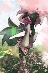  1other animal_hands black_fur blue_sky cape cherry_blossoms closed_mouth flower full_body furry green_fur green_hair half-closed_eyes highres looking_at_viewer mask meowscarada on_grass one_eye_closed other_focus outdoors pawpads pink_eyes pink_petals pokemon pokemon_(creature) short_hair short_tail sky solo sstoh standing tail two-tone_fur yellow_flower 
