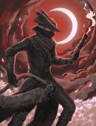  1other ambiguous_gender black_coat black_gloves black_hat black_pants bloodborne clouds coat commentary crescent_moon english_commentary field flower flower_field gloves gun hat highres holding holding_gun holding_weapon hunter_(bloodborne) mask moon mouth_mask pants rashuu red_sky saw saw_cleaver sky standing tricorne weapon 