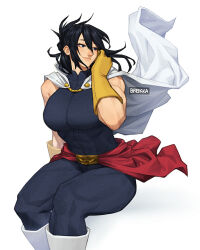  1girl artist_name biceps black_eyes black_hair bodysuit boku_no_hero_academia boots breasts breikka cape closed_mouth commentary english_commentary floating_cape gloves large_breasts mature_female medium_hair muscular muscular_female shimura_nana simple_background sleeveless sleeveless_bodysuit smile solo white_background white_boots white_cape yellow_gloves 