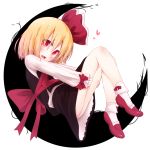  1girl bare_legs blonde_hair blush bobby_socks fang hair_ribbon heart leg_hug long_sleeves looking_at_viewer open_mouth razy_(skuroko) red_eyes ribbon rumia sash shirt shoes short_hair simple_background sitting skirt skirt_set smile socks solo touhou vest 