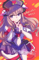  1girl alternate_costume animal_ears bare_shoulders blood blood_bag blue_hat clothing_cutout commentary_request hat highres hina_(rune_factory) hisui_minarf horns intravenous_drip long_hair looking_at_viewer miniskirt nail_polish nurse_cap pink_hair puffy_short_sleeves puffy_sleeves purple_skirt rune_factory rune_factory:_guardians_of_azuma shirt short_sleeves shoulder_cutout skirt smile solo violet_eyes white_shirt 