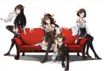  4girls ahoge bare_shoulders black_hair black_legwear blue_eyes boots brown_hair chair convenient_leg couch detached_sleeves glasses hair_ornament hairband haruna_(kantai_collection) headgear hiei_(kantai_collection) highres japanese_clothes kantai_collection kirishima_(kantai_collection) kongou_(kantai_collection) long_hair looking_at_viewer multiple_girls open_mouth pantyhose personification ribbon_trim semi-rimless_glasses shirou_umiuta short_hair smile thigh_boots thighhighs under-rim_glasses white_background wide_sleeves 