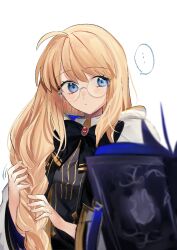  ... 1girl 710_ao absurdres aesc_(fate) aesc_(rain_witch)_(fate) ahoge artist_name black_bow black_bowtie blonde_hair blue_eyes book bow bowtie braid cloak fate/grand_order fate_(series) floating floating_book floating_object fou_(fate) gem hands_in_own_hair highres hood hooded_cloak long_hair looking_at_object red_gemstone round_eyewear side_braid solo speech_bubble 