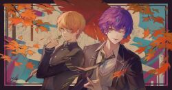  2boys bespectacled black_border blazer blue_hair border closed_mouth collared_shirt commentary diagonal-striped_clothes diagonal-striped_necktie fox_shadow_puppet gakuran glasses hand_up highres holding holding_leaf holding_umbrella ichigo_ichie_na_hyakki_yagyou!?_(project_sekai) jacket kamishiro_rui lapels leaf long_sleeves looking_at_viewer male_focus mikita multicolored_hair multiple_boys necktie notched_lapels official_alternate_costume official_alternate_hairstyle one_eye_closed open_clothes open_jacket outside_border project_sekai purple_hair red_umbrella school_uniform shirt short_hair streaked_hair striped_clothes sweater tenma_tsukasa two-tone_hair umbrella upper_body v-neck 