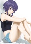  1059 1girl barefoot bed_sheet character_request frown looking_at_viewer midriff purple_hair short_hair short_shorts shorts simple_background sitting solo tank_top violet_eyes 