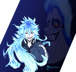  2boys blue_hair blue_lips fiery_hair hades_(disney) hair_between_eyes hercules_(1997_movie) highres idia_shroud jacket long_hair long_sleeves looking_at_viewer makeup male_focus multiple_boys sharp_teeth short_hair simple_background solo teeth twisted_wonderland user_fddr4354 very_long_hair yellow_eyes 