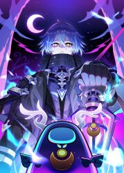  1boy absurdres among_us antler_ornament antlers arm_up belt black_belt black_coat black_gloves coat collared_coat commentary_request cowboy_shot crescent_moon crossed_bangs deer_antlers double-parted_bangs empty_eyes flins_(genshin_impact) genshin_impact gloves hair_between_eyes high_collar highres holding holding_lantern horns lantern lauma_(genshin_impact) looking_at_viewer m-1ng male_focus moon open_clothes open_coat parted_lips shirt sky star_(sky) starry_sky teeth yellow_eyes 