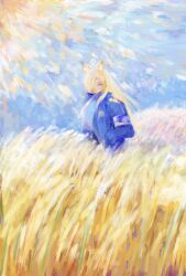  1girl absurdres animal_ear_fluff animal_ears armband blonde_hair blue_archive blue_armband blue_eyes blue_halo blue_skirt dog_ears grass_mochi hair_over_one_eye halo hands_in_pockets highres jacket kanna_(blue_archive) long_hair looking_at_viewer oil_painting_(medium) open_clothes open_jacket outdoors painting_(medium) police police_badge police_uniform policewoman shirt skirt sky sun traditional_media walking wheat wheat_field 