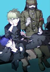  3boys ahoge amami_rantaro antenna_hair armband bandaged_hand bandages black_hair black_haori black_mask blue_background blue_eyes blue_hair brown_pants collared_jacket commentary covered_mouth danganronpa_(series) danganronpa_v3:_killing_harmony ear_piercing eye_print eyelashes eyepatch face_piercing gakuran green_hair haidai_qingtang_(biology447) hair_between_eyes haori hat highres jacket japanese_clothes jewelry long_hair long_sleeves looking_at_viewer lying_on_person male_focus mask mouth_mask multicolored_hair multiple_boys multiple_piercings omokage_yugamu pants piercing print_eyepatch red_armband roots_(hair) school_uniform shinguji_korekiyo shirt short_hair simple_background sitting smile striped_clothes striped_shirt the_hundred_line_-last_defense_academy- vertical-striped_sleeves 