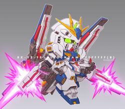  char's_counterattack chibi dual_wielding energy_sword fin_funnels full_body glowing glowing_eyes green_eyes gundam holding mecha mobile_suit no_humans nu_gundam nu_gundam_(rx-93ff) robot sd_gundam susagane sword v-fin weapon 