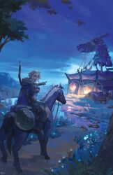  1boy black_cloak blonde_hair blue_tunic cloak earrings highres holding holding_reins hood hood_down hooded_cloak horseback_riding jewelry link low_ponytail male_focus open_mouth outdoors pointing pointy_ears ponytail reins riding shield smile the_legend_of_zelda the_legend_of_zelda:_breath_of_the_wild the_legend_of_zelda:_tears_of_the_kingdom tunic weapon weapon_on_back yukinnn 