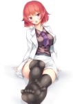  1girl belt black_legwear breasts collarbone horikawa_raiko jacket looking_at_viewer necktie no_shoes open_mouth over-kneehighs red_eyes redhead short_hair sitting snowcanvas solo thighhighs touhou white_background 